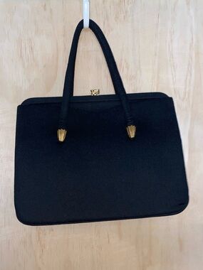 Vintage Lewis wool Black Structured Top-Handle Tote with Gold Accents